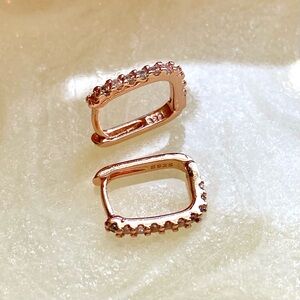Sterling Silver Rose Gold Rectangle Huggie Earrings with Cubic Zirconia